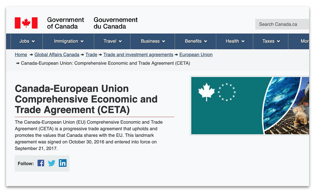 Screenshot of the Canada-European Union Comprehensive Economic and Trade Agreement