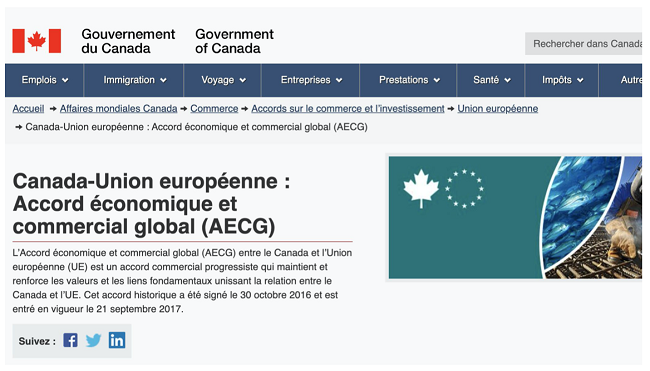 Capture d’écran de l’Accord économique et commercial global (AECG) entre le Canada et l’Union européenne