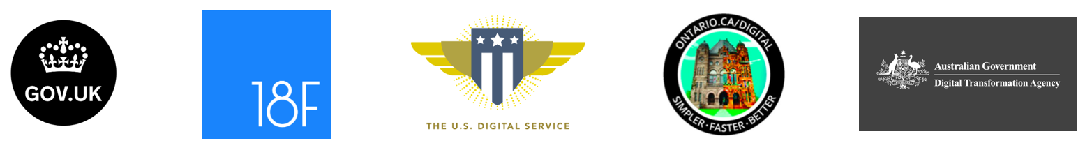 Logo de GOV.UK, 18F, Service numérique des États-Unis, Services numériques de l’Ontario et de l'Agence de transformation numérique de l’Australie