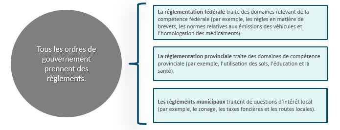 Cette image illustre que la réglementation est adoptée par tous les ordres de gouvernement. Version textuelle ci-dessous: