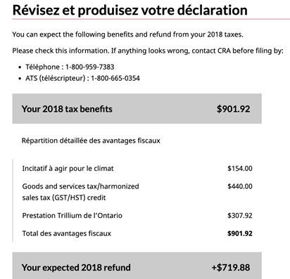 Capture d’écran (en anglais) du prototype de l’ARC montrant les renseignements fictifs d’un utilisateur du produit. Version textuelle ci-dessous: