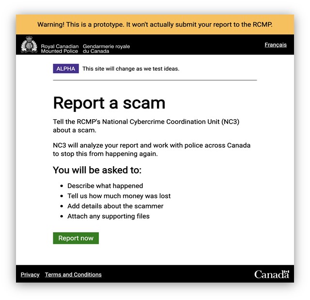 Screenshot of the RCMP Report a Cybercrime prototype, with “Report a scam” as the title. Text version below: