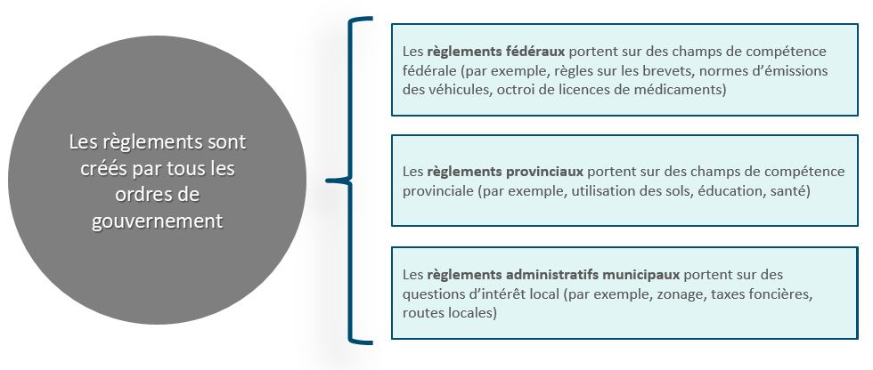 Cette image illustre que la réglementation est adoptée par tous les ordres de gouvernement. Version textuelle ci-dessous: