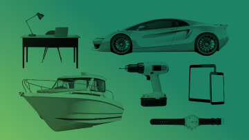 Different categories of goods displayed on a green background: a desk with a lamp, chair and laptop, a sports car, a boat, a drill, a watch and two mobile devices.