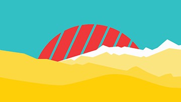 An orange sun rises behind a mountain from a turquoise sky.