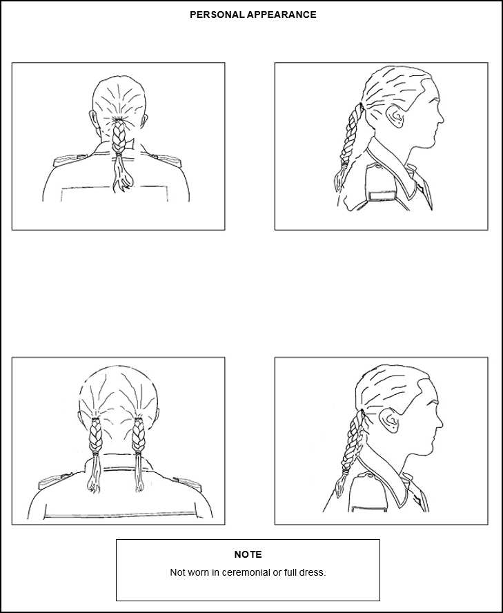 How women’s hair may be styled and fastened in single or double braids as part of acceptable personal appearance, providing it is not worn in ceremonial or full dress