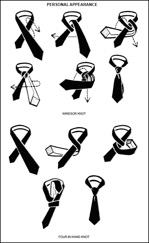 ways of completing a Windsor knot and a Four-in-Hand knot for a men's necktie