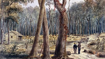 An 1838 painting of two men standing in a wooded area in front of a farm