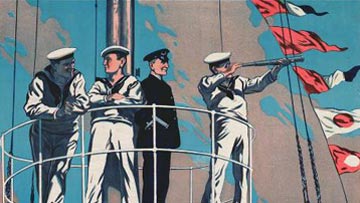 Poster shows four Royal Canadian Navy personnel looking out towards the sea