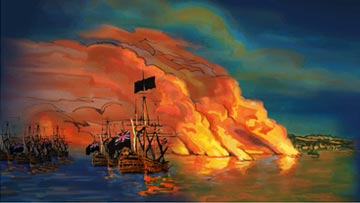 Flammes et fumée illustrant la défaite des brûlots français par la flotte britannique