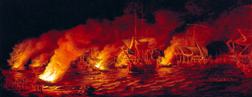 Toile illustrant la défaite des brûlots français chargeant la flotte britannique ancrée devant Québec le 28 juin 1759