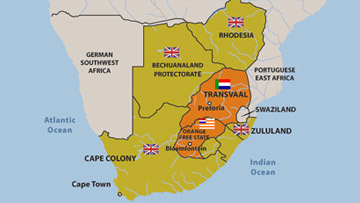 Carte de l’Afrique du Sud montrant les colonies britanniques et les républiques boers