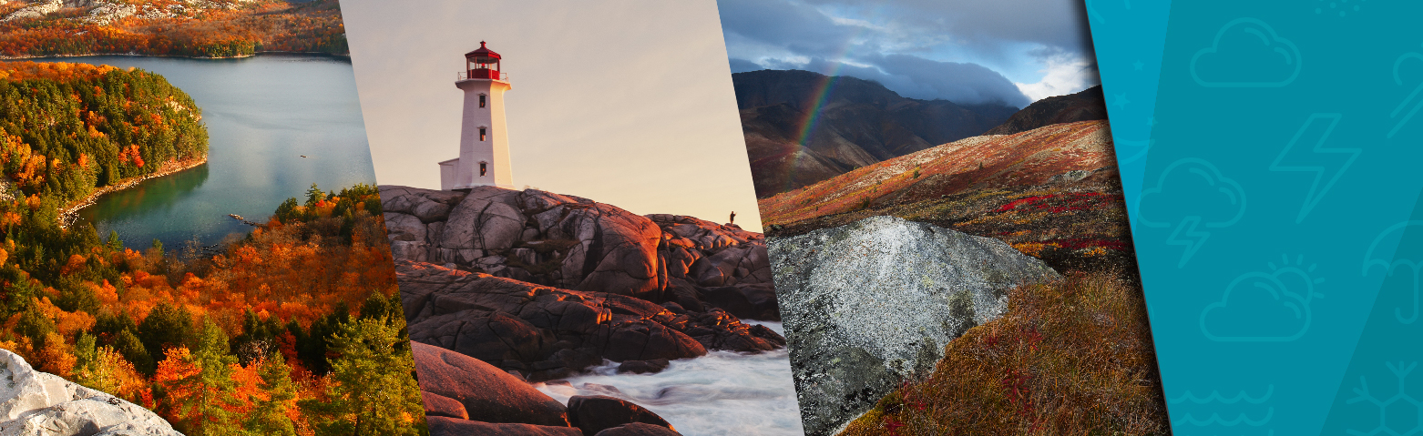 Three images of fall at Killarney Lake, Lighthouse at Peggys Cove, Tombstone Territorial Park with rainbow in the background, and a blue background with small weather icons.
