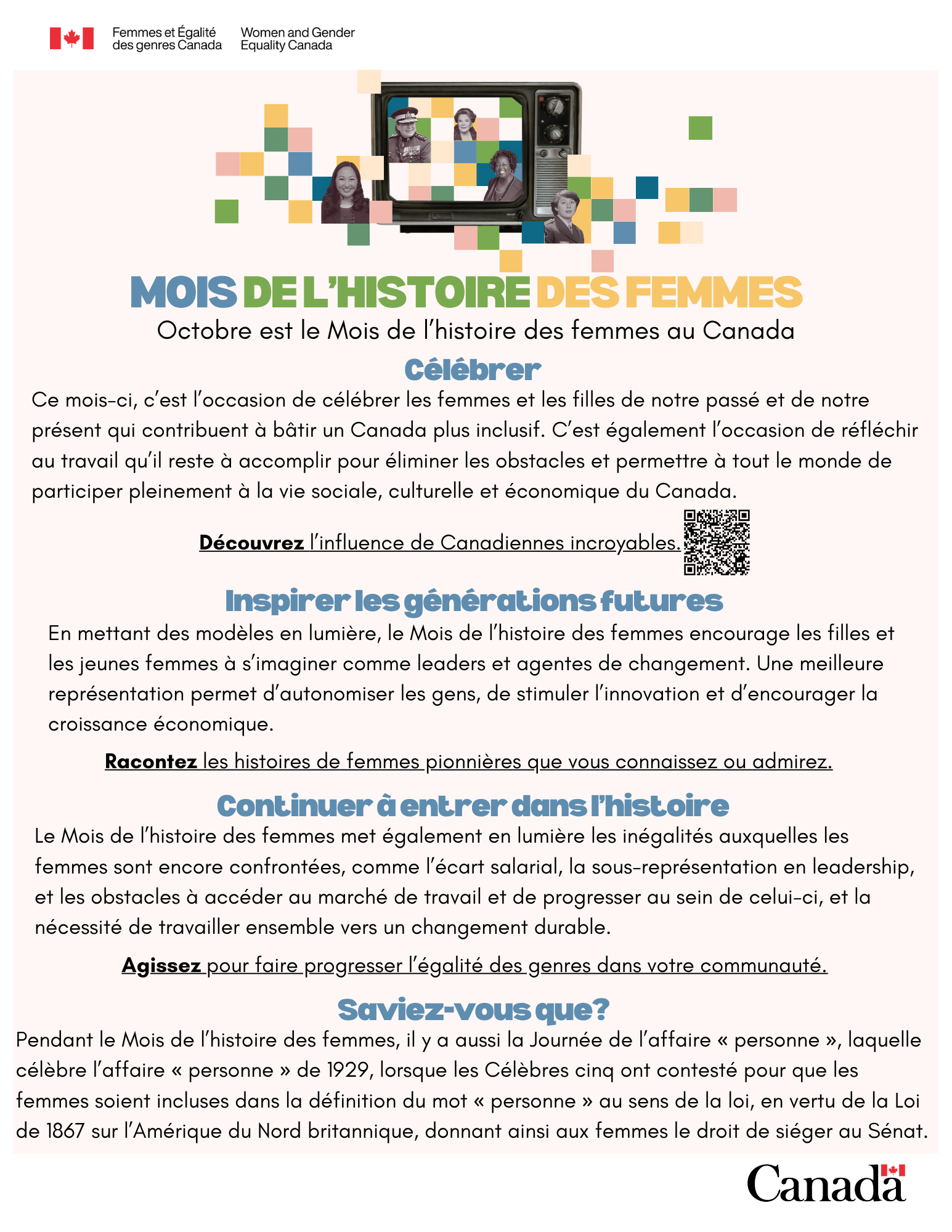 Feuillet d'information du Mois de l’histoire des femmes. La signature bilingue de Femmes et Égalité des genres Canada et le mot-symbole « Canada ».