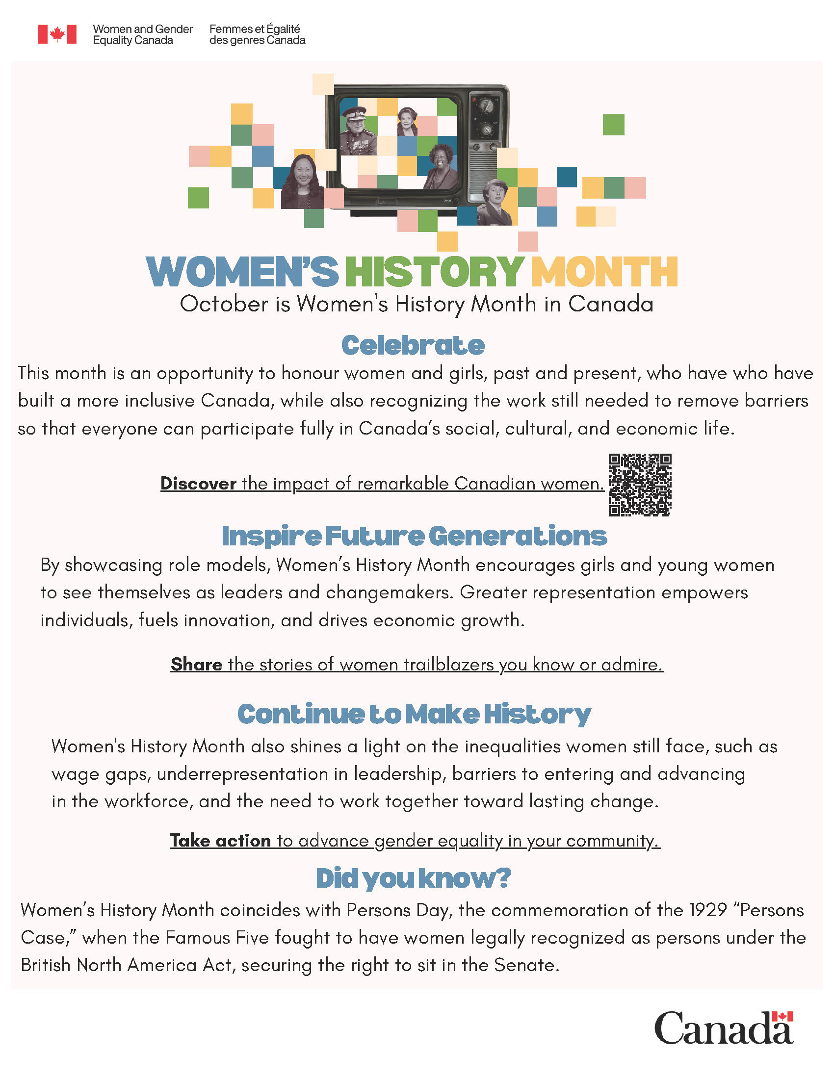Women's History Month fact sheet. Women and Gender Equality Canada's bilingual signature and the Canada wordmark.