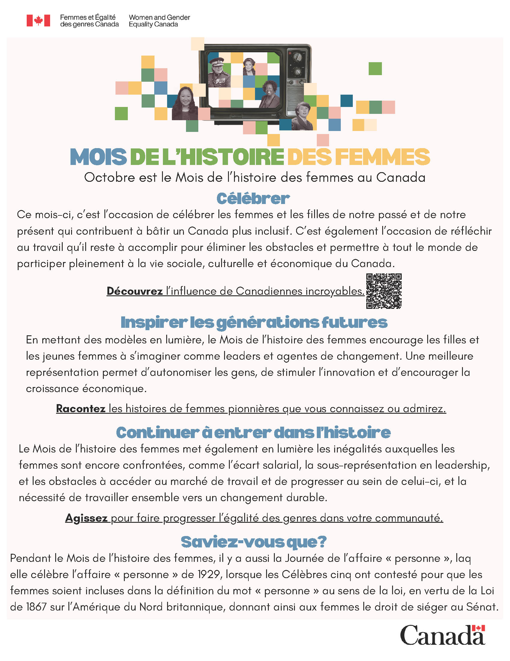 Feuillet d'information du Mois de l’histoire des femmes. La signature bilingue de Femmes et Égalité des genres Canada et le mot-symbole « Canada ».