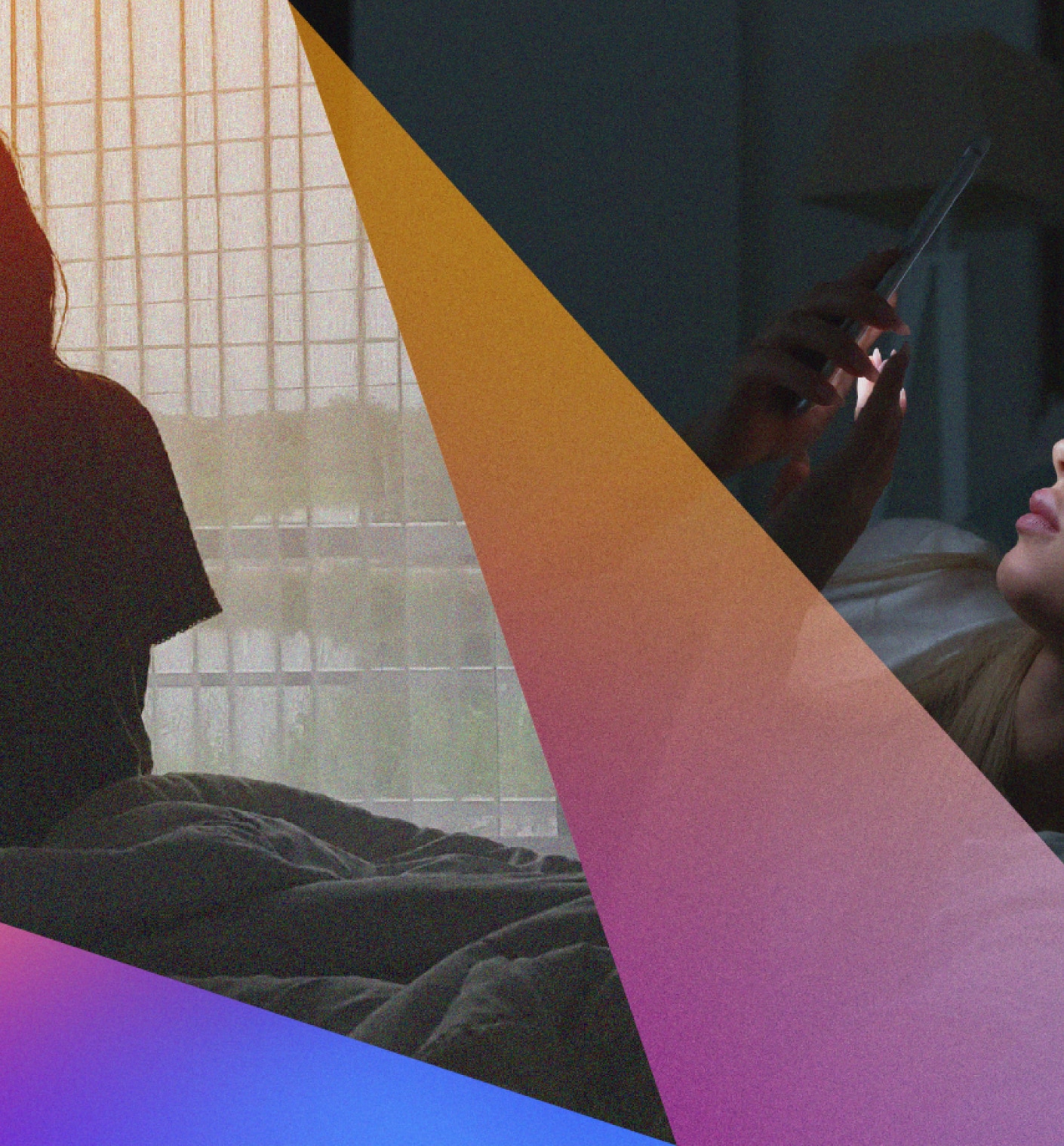A silhouette of a person sitting on a bed in front of a bright window, combined with an image of a young woman lying in bed at night, looking at her phone screen.