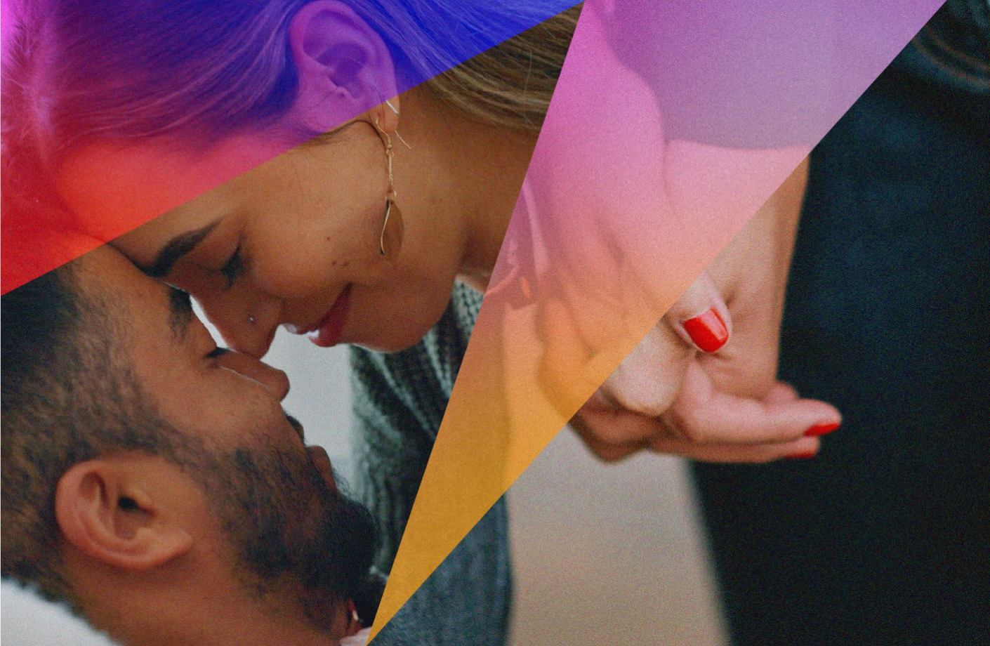 A close-up of a smiling couple leaning their foreheads together, layered with an image of two hands holding, one with red-painted nails.