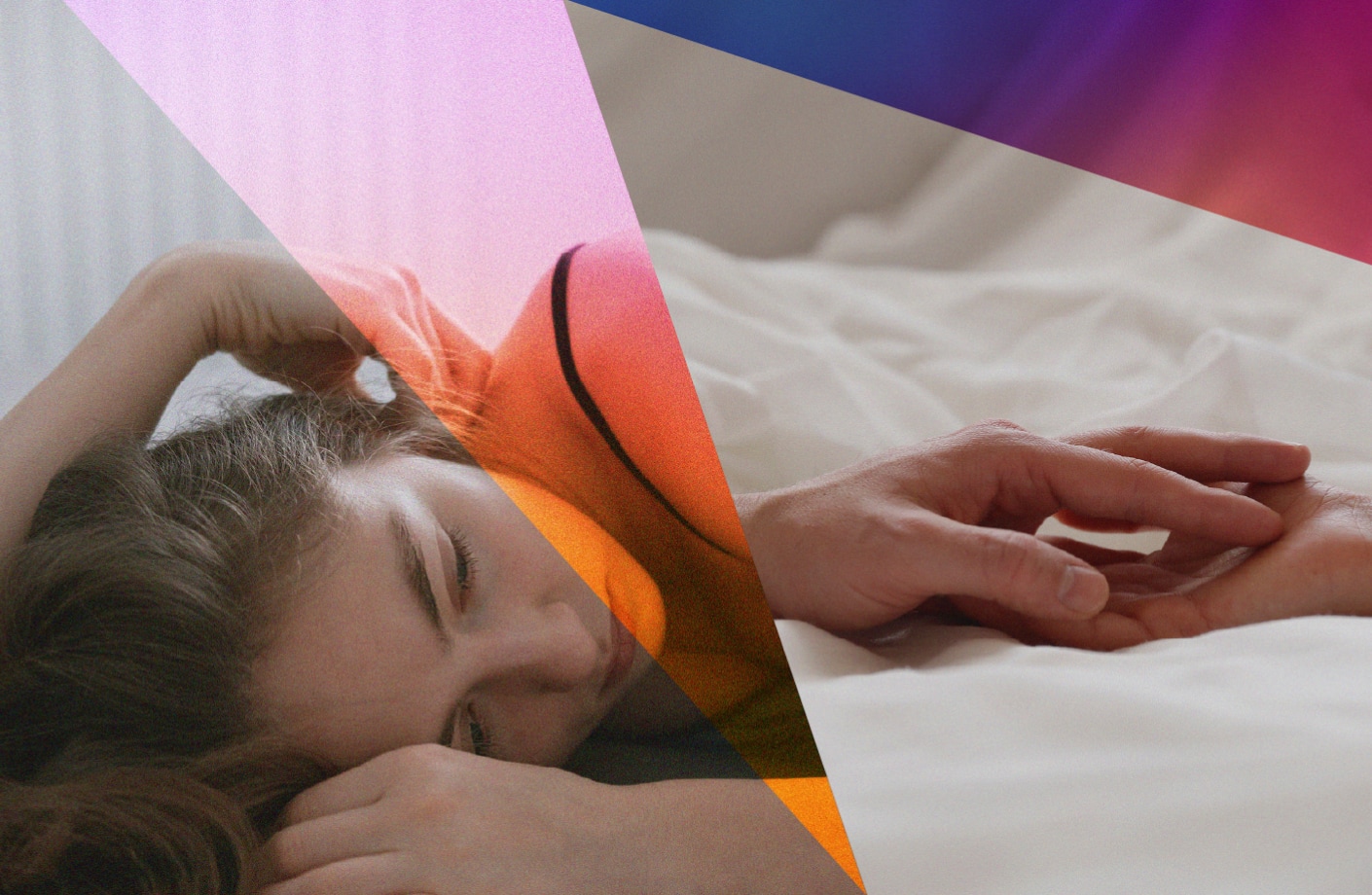 A woman lying on her side, layered with an image of two hands gently touching on a white bedsheet.