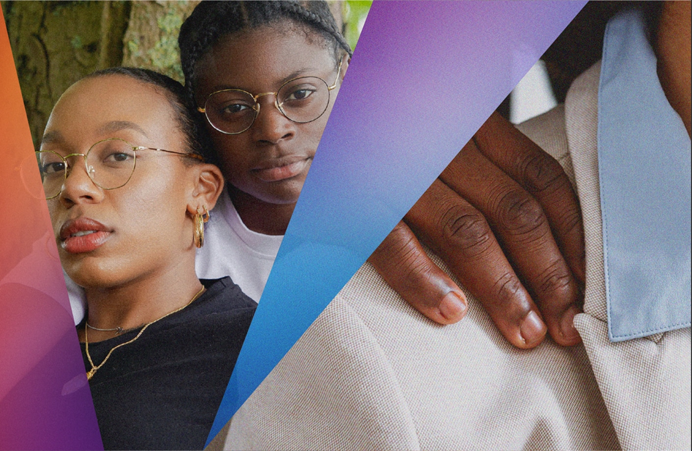 Two young women wearing glasses, one standing behind the other, layered with an image of a hand resting gently on a person’s shoulder.