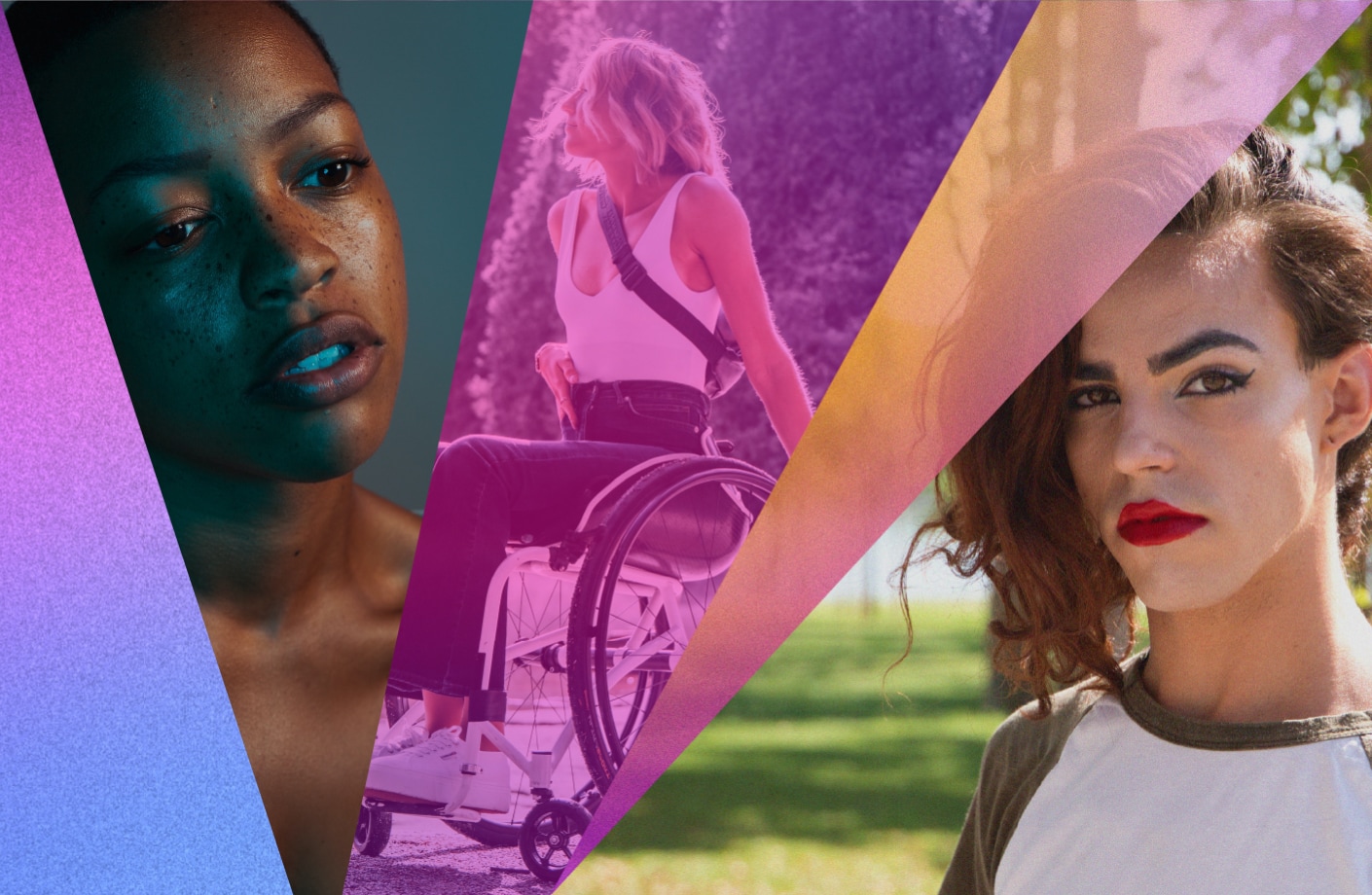 Three individuals: on the left, a close-up of a woman with freckles looking thoughtful; in the center, a woman sitting in a wheelchair outdoors; and on the right, a person with bold red lipstick and styled hair looking directly at the camera.