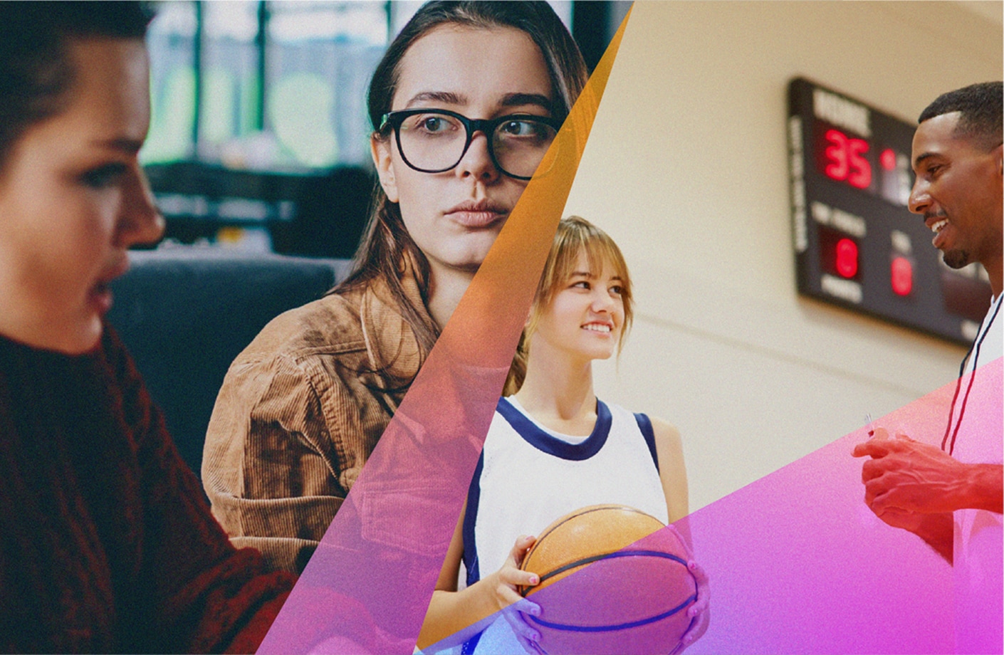 Two scenes: on the left, two young women sitting together, one engaged in conversation while the other looks away thoughtfully; and on the right, a basketball player holding a ball and smiling at a coach during a discussion in a gymnasium.