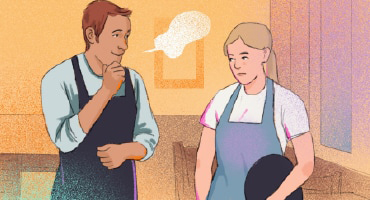 A man and a woman talking