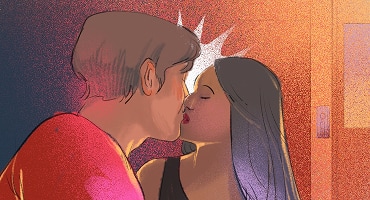 A man leaning in and kissing a woman as they stand near a doorway.