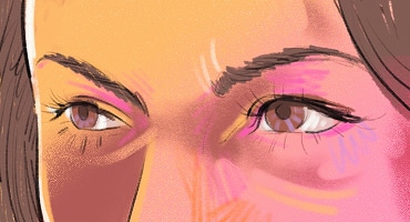 Gros plan des yeux d’une femme à l’expression intense et concentrée.
