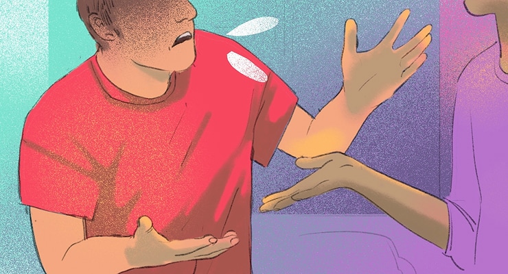 Two men facing each other, one gesturing with open hands while the other points a finger during a tense conversation.