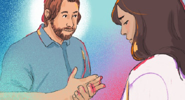 A man and a woman speaking. The woman looks upset