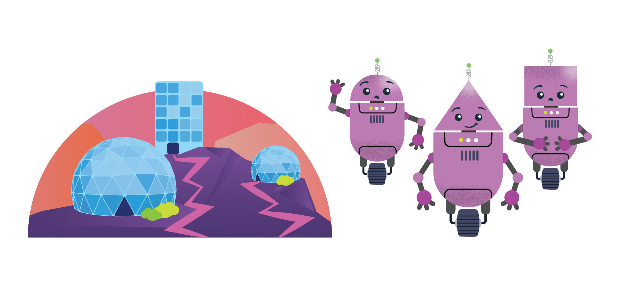 Deux robots et un paysage extraterrestre composé de collines devant une galaxie. Un des robots a un corps dans lequel il y a de l’eau et il tient un morceau d’argile. L’autre robot est équipé de réservoirs d’eau fixés de chaque côté de son corps.