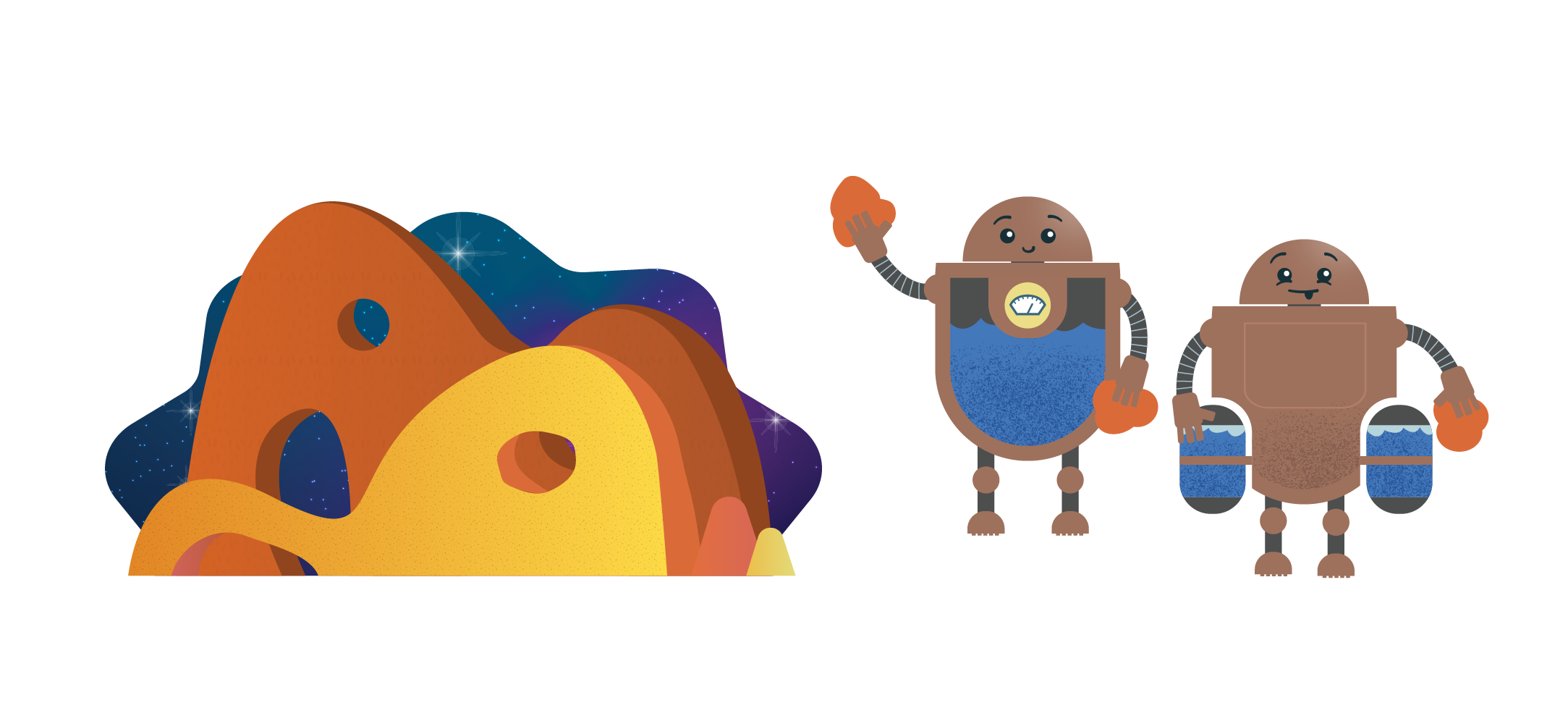 Deux robots et un paysage extraterrestre composé de collines devant une galaxie. Un des robots a un corps dans lequel il y a de l’eau et il tient un morceau d’argile. L’autre robot est équipé de réservoirs d’eau fixés de chaque côté de son corps.