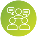 An icon of a group of people sitting around a table with speech bubbles