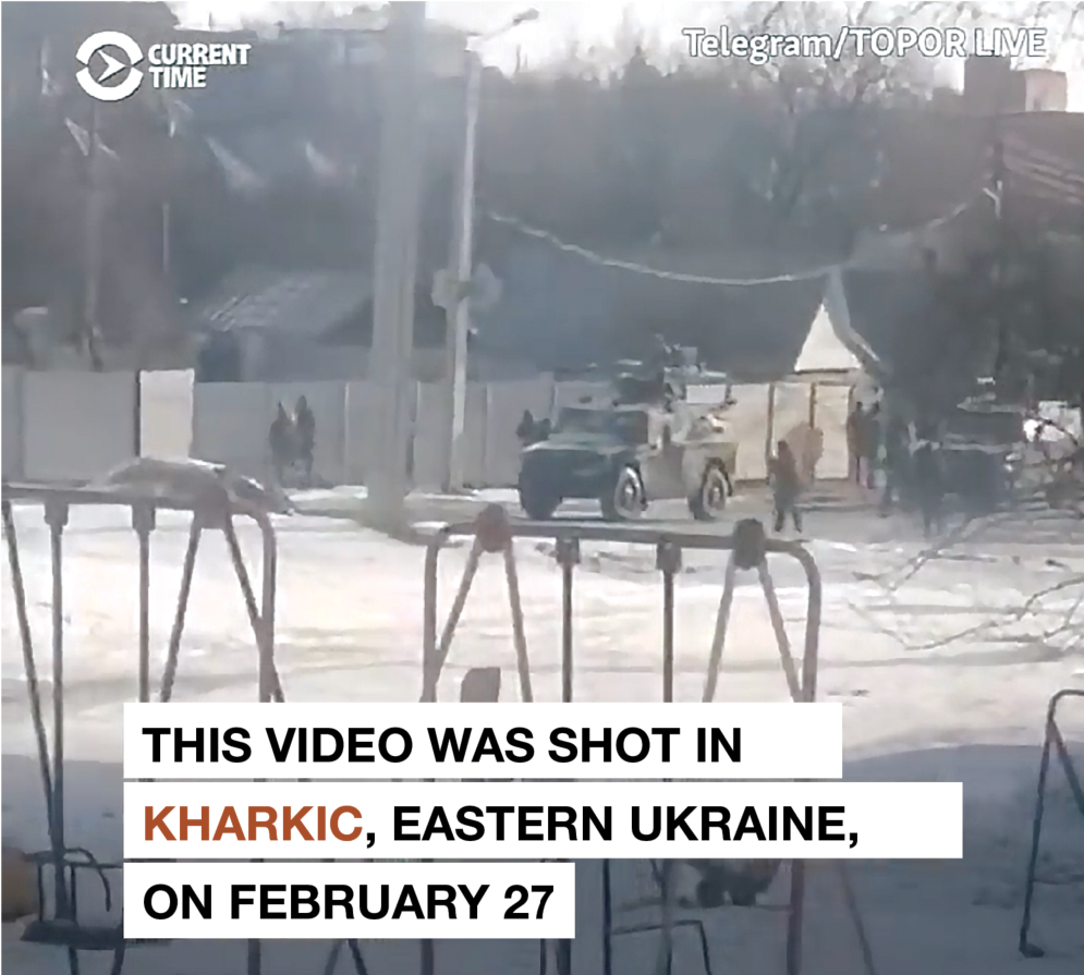 Screenshot of a video taken by a Ukrainian resident showing Russian advances into Kharkiv.